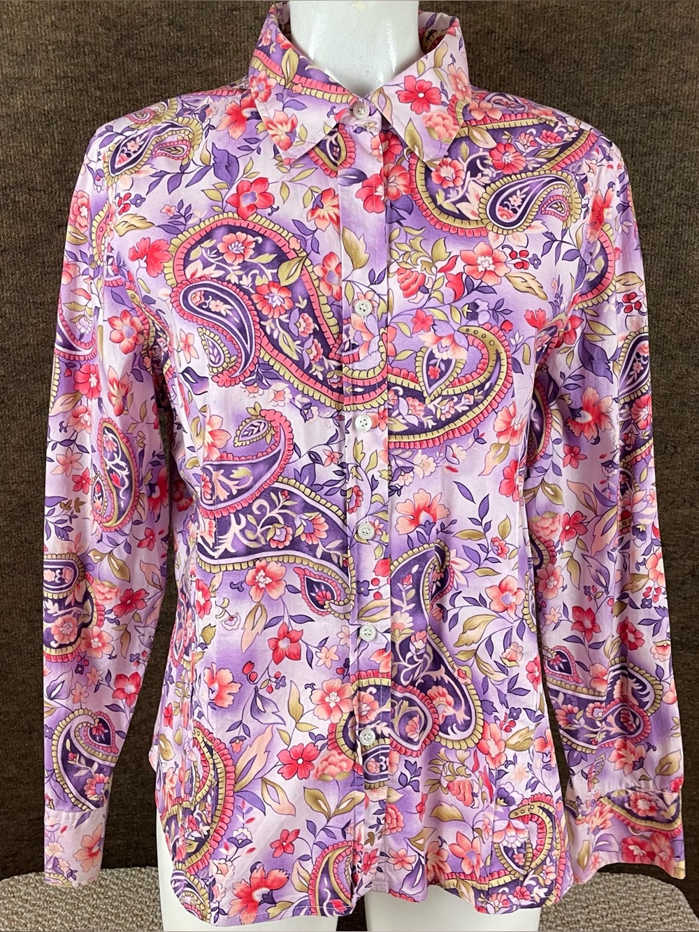 Talbots Button Down Shirt Large Long Sleeve Pink Paisley Cotton Stretch 35